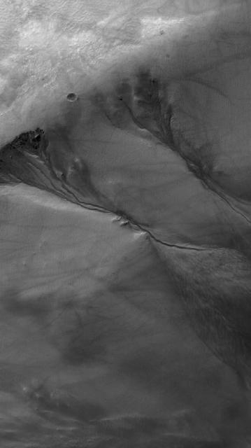 This MOC image shows neighboring networks of gullies in the northwest wall of a south middle-latitude crater west of Hellas Planitia
