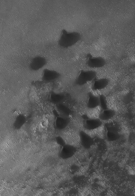 This MOC image shows dark sand dunes on the floor of an impact crater west of Hellas Planitia. Portions of the crater floor are exposed near the center and lower right corner of the image but, in general, the floor is covered by large, windblown ripples