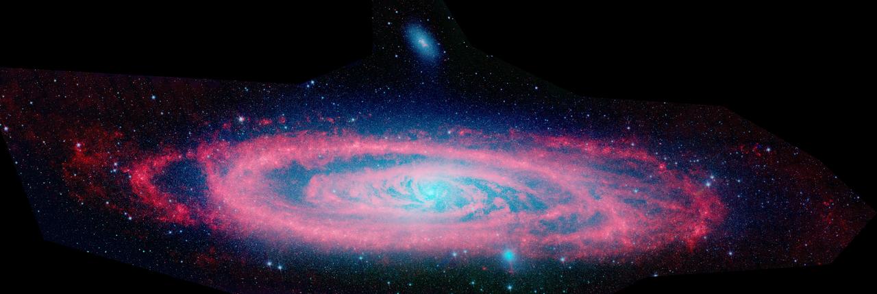 This image shows the Andromeda galaxy, first as seen in visible light by the National Optical Astronomy Observatory, then as seen in infrared by NASA Spitzer Space Telescope.