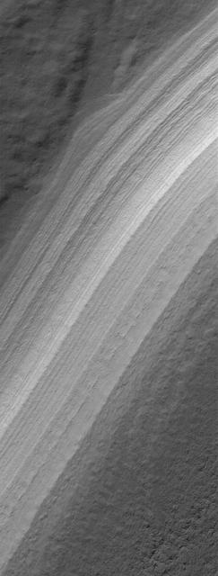 This MOC image shows repeated layers of material, possibly a combination of dust and ice, or perhaps ancient sedimentary rock, exposed by erosion on a slope in the south polar region of Mars
