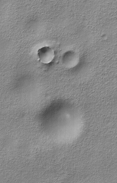 This MOC image shows a group of impact craters in Aonia Planum, Mars. Remarkably, two of the craters are approximately equal in size, however, they clearly differ in age