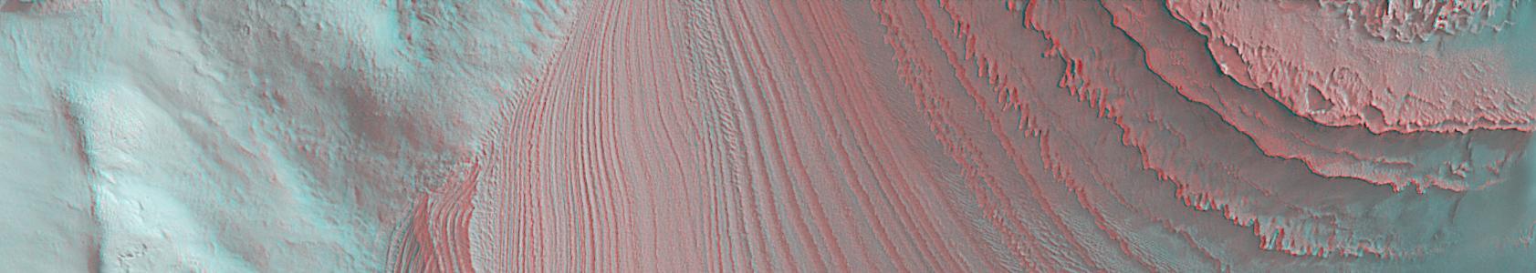 This anaglyph from Mars Global Surveyor MGS shows layers in Galle Crater. 3D glasses are necessary to view this image.