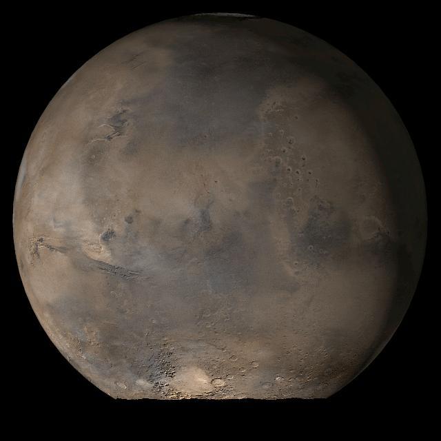 This picture is a composite of Mars Global Surveyor MGS Mars Orbiter Camera MOC daily global images acquired at Ls 79° during a previous Mars year