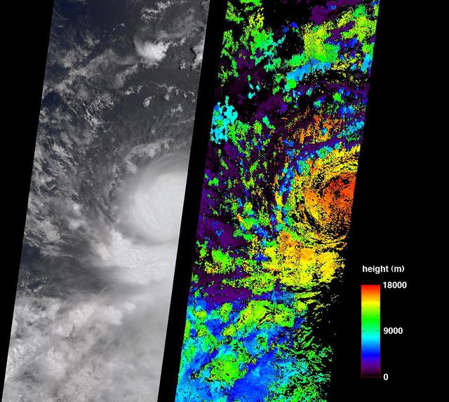 These July 11, 2006 images from NASA Terra Satellite show then Tropical Storm Bud as it was intensifying into a hurricane, which it became later that day.