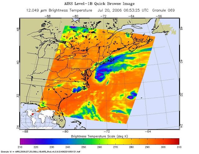 This is an AIRS infrared image of Tropical Storm Beryl in the western Atlantic, from the NASA Aqua satellite on July 20, 2006, 1:30 am local time. The image shows the temperature of the cloud tops or the surface of the Earth in cloud-free regions. 