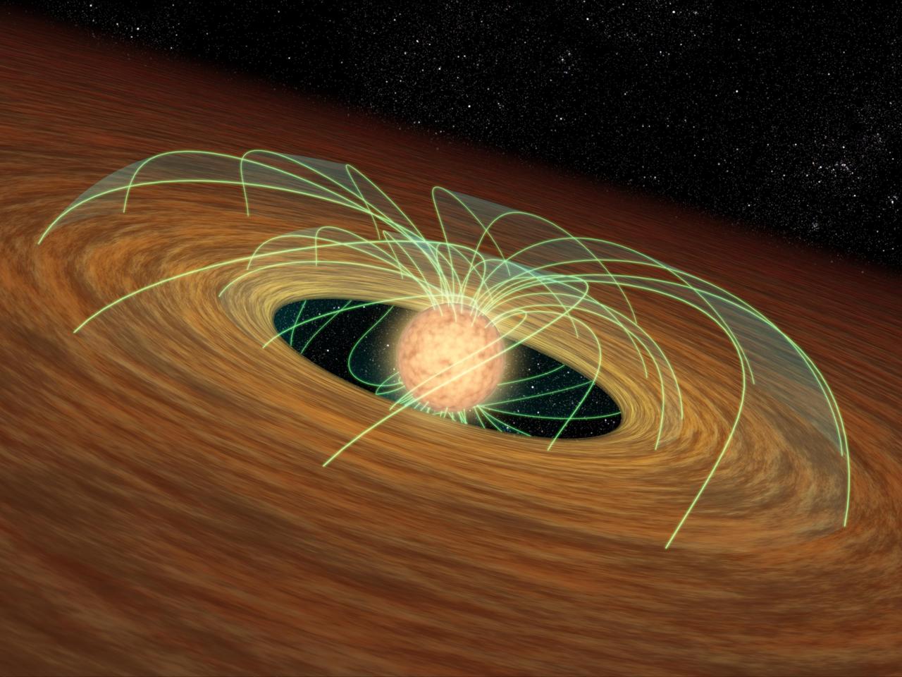 This artist concept demonstrates how a dusty planet-forming disk can slow down a whirling young star, essentially saving the star from spinning itself to death. Evidence for this phenomenon comes from NASA Spitzer Space Telescope.