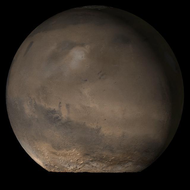 This picture is a composite of Mars Global Surveyor MGS Mars Orbiter Camera MOC daily global images acquired at Ls 79° during a previous Mars year of the Elysium/Mare Cimmerium face of Mars