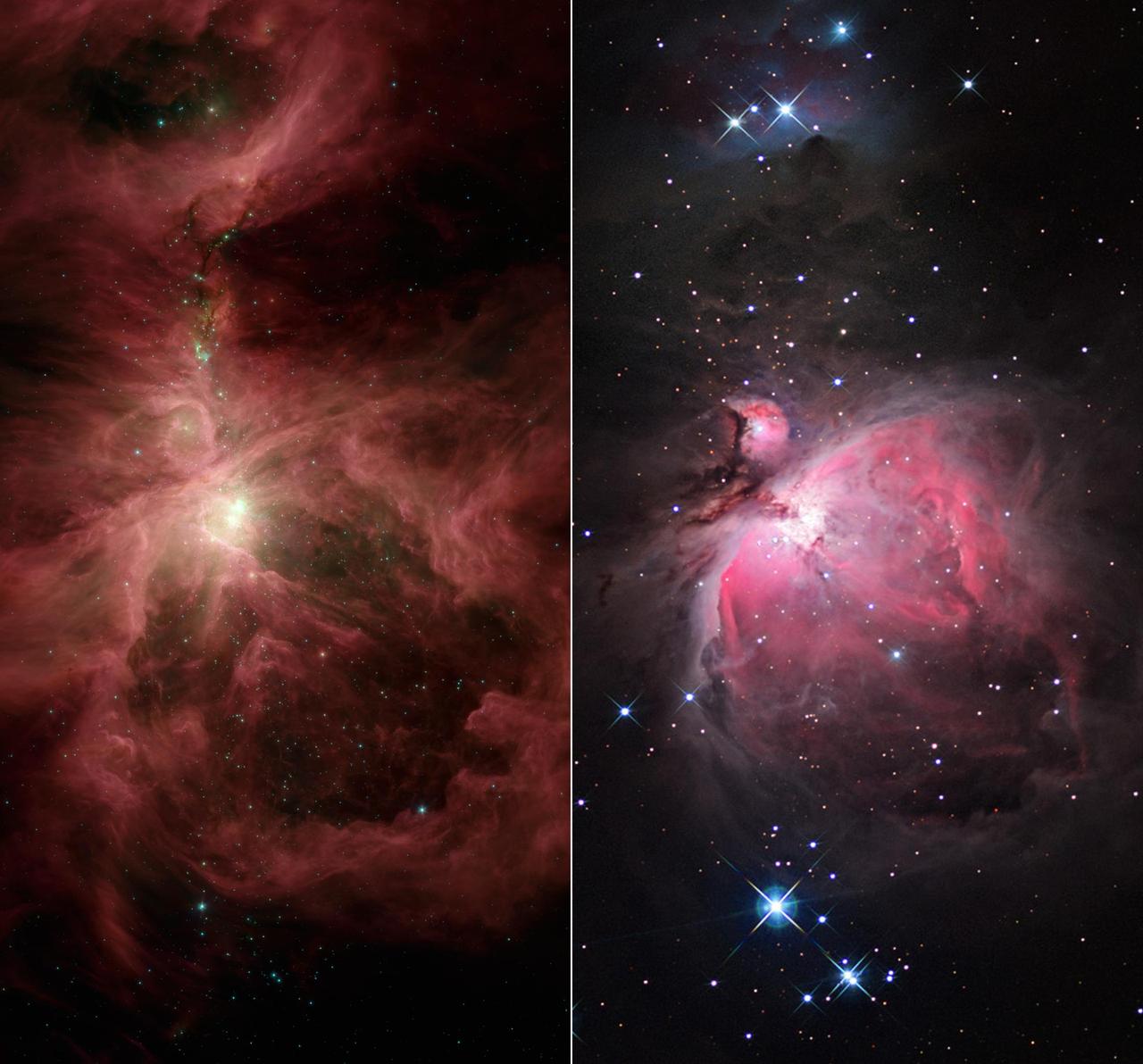 NASA Spitzer Space Telescope and the National Optical Astronomy Observatory compare infrared and visible views of the famous Orion nebula and its surrounding cloud, an industrious star-making region located near the hunter constellation sword. 