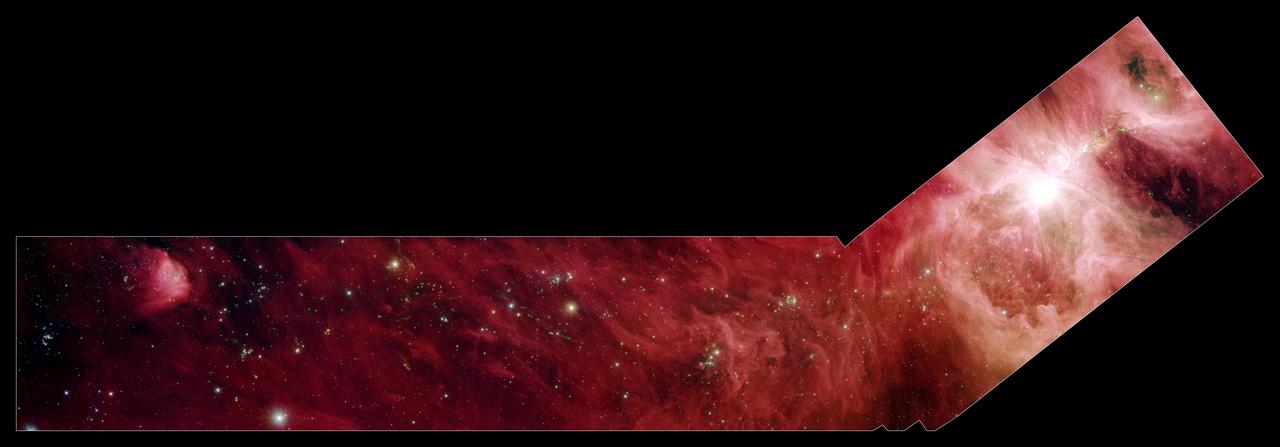 This image composite shows a part of the Orion constellation surveyed by NASA Spitzer Space Telescope. The shape of the main image was designed by astronomers to roughly follow the shape of Orion cloud A, an enormous star-making factory.