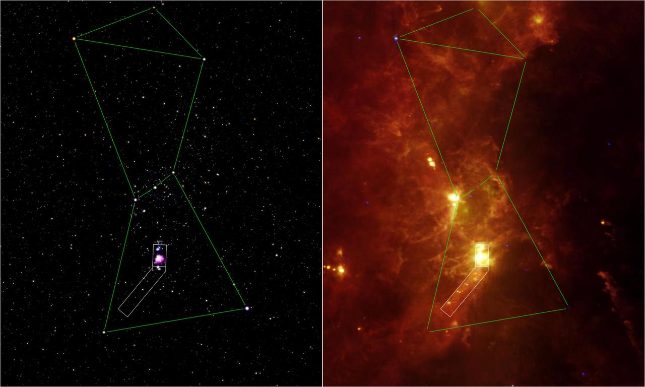 This image composite outlines the region near Orion sword that was surveyed by NASA Spitzer Space Telescope white box. The Orion nebula, our closest massive star-making factory, is the brightest spot near the hunter sword. 
