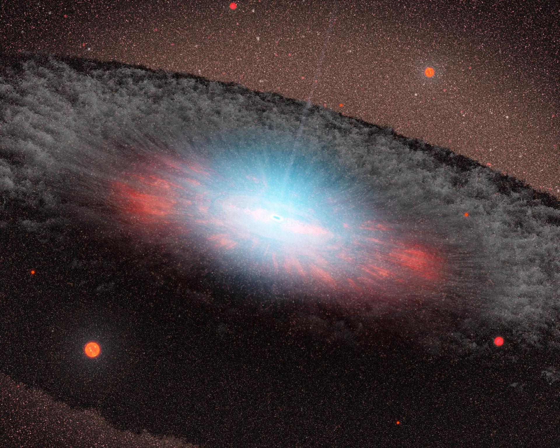 This artist concept depicts a supermassive black hole at the center of a galaxy. NASA Galaxy Evolution Explorer found evidence that black holes once they grow to a critical size stifle the formation of new stars in elliptical galaxies.