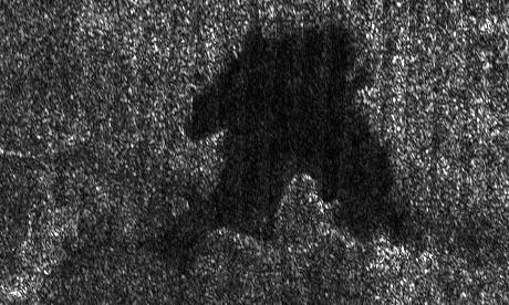 This image of Titan shows clear shorelines that are reminiscent of terrestrial lakes. With Titan colder  temperatures and hydrocarbon-rich atmosphere, however, the lakes likely  contain a combination of methane and ethane, not water