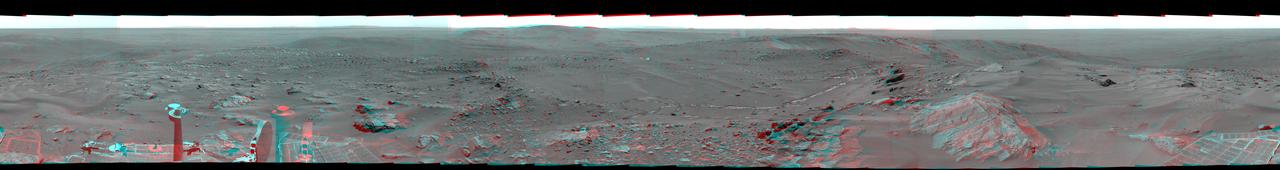 NASA Mars Exploration Rover Spirit used its panoramic camera Pancam to record a 360-degree vista, dubbed the Everest panorama, from the top of Husband Hill in early October 2005. 3D glasses are necessary to view this image.