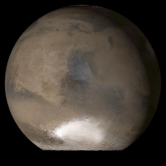 This picture is a composite of Mars Global Surveyor MGS Mars Orbiter Camera MOC daily global images acquired at Ls 107° of the Syrtis Major face during a previous Mars year