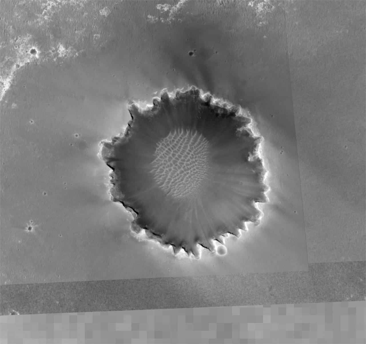 This image from the Mars Orbiter Camera aboard NASA's Mars Global Surveyor spacecraft shows an overview of "Victoria Crater" and a portion of the area NASA's Mars Exploration Rover Opportunity has covered to reach the enormous depression.  Images such as this one from the Mars Orbiter Camera on NASA's Mars Global Surveyor are helping scientists and engineers decide the best path for NASA's Mars Exploration Rover Opportunity as it approaches "Victoria Crater." http://photojournal.jpl.nasa.gov/catalog/PIA08777
