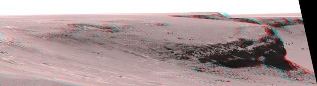 This anaglyph from from NASA Mars Exploration Rover Opportunity is of Victoria crater, looking north from Duck Bay towards the dramatic promontory called Cape Verde. 3D glasses are necessary to view this image.