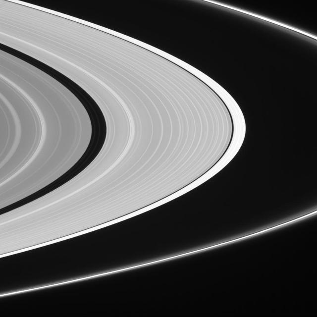 Ringlets in the Encke Gap and flanking the bright F ring core are clearly visible here
