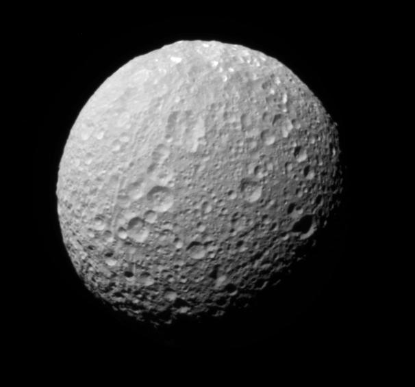 This monochrome view of Mimas, the clear filter  image used for the color map, is presented here