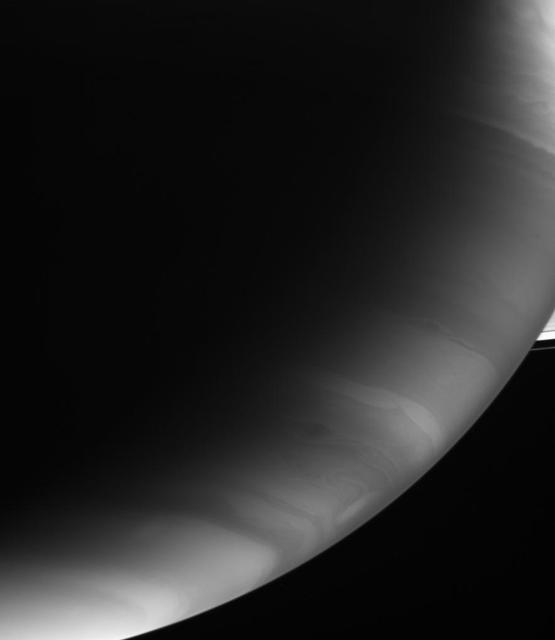 Storms whip up the cloud bands of Saturn southern hemisphere in this infrared view. Small fractions of the A and F rings are visible at right