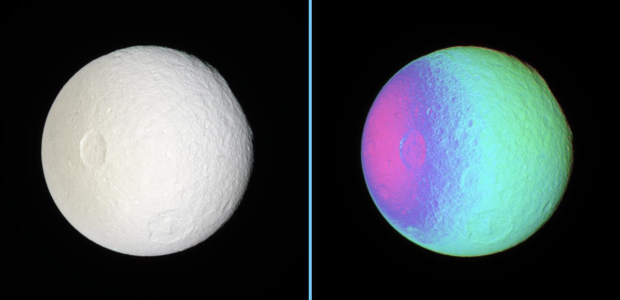 These side-by-side natural color and false-color views show cratered terrain on the anti-Saturn hemisphere of Tethys -- the side that always faces away from Saturn
