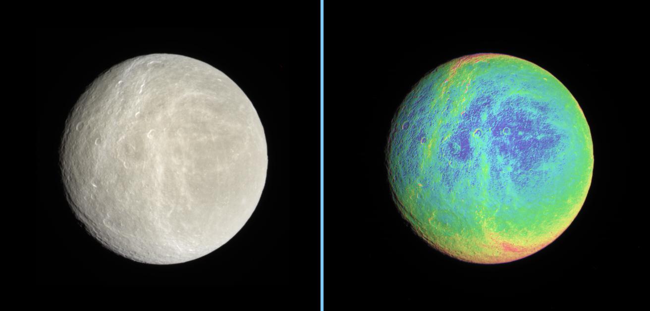 Side-by-side natural color and false-color views highlight the wispy terrain on Rhea trailing hemisphere
