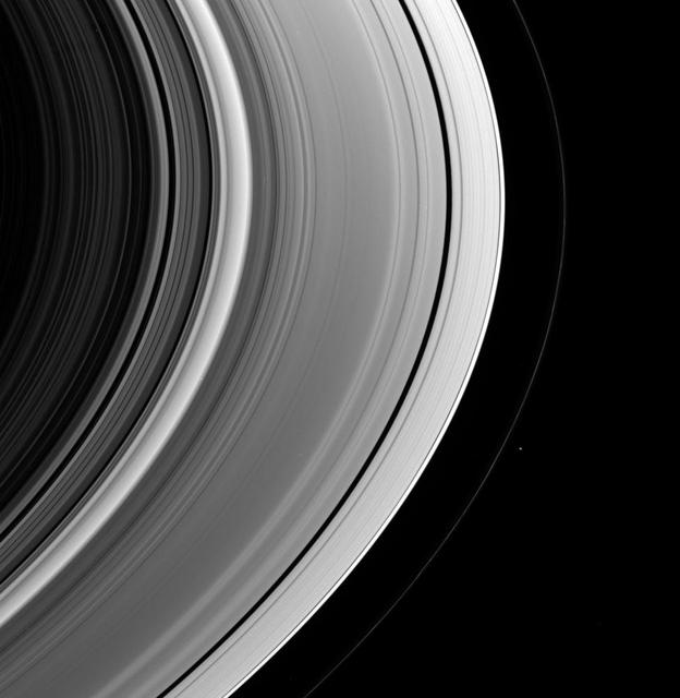This view of the unlit side of Saturn rings captures the small shepherd moon Pandora as it swings around the outside of the F ring. The F ring displays a few discrete bright clumps here