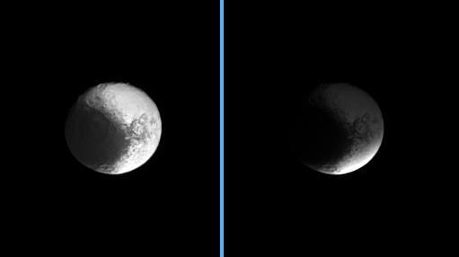 Darkness sweeps over Iapetus as the Cassini spacecraft watches the shadow of Saturn B ring engulf the dichotomous moon. The image at left shows the unshaded moon, while at right, Iapetus sits in the shadow of the densest of Saturn rings