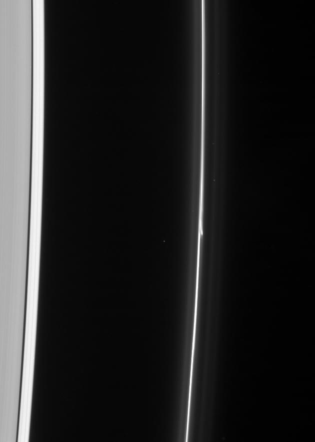 The brilliant core of the F ring displays a breakaway clump of material, possibly related to the other objects the Cassini spacecraft has witnessed in the dynamic ring in the past few years of observations