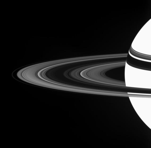 Saturn A ring displays a marked asymmetry in brightness between the region nearer to the Cassini spacecraft and the region farther from it. The A ring is the broad, bright section of the rings outside of the dark B  ring