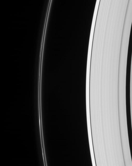 Saturn odd but ever-intriguing F ring displays multiple lanes and several bright clumps. The Keeler and Encke gaps are visible in the outer A ring, at right