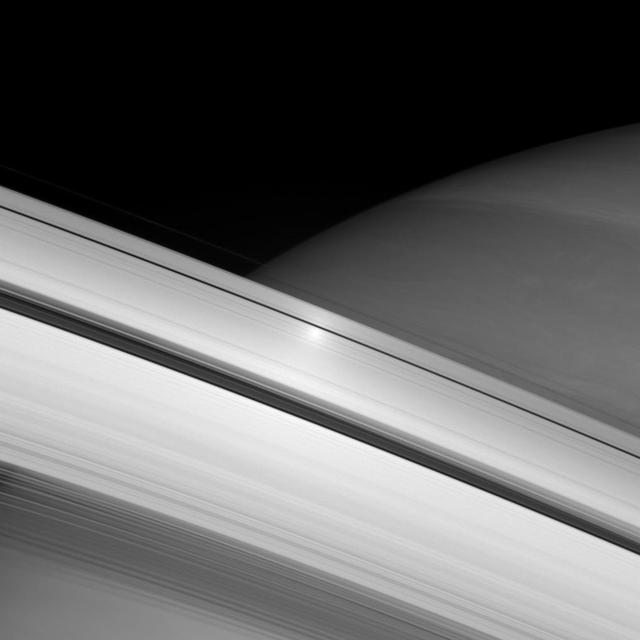 A surge in brightness appears on the rings directly opposite the Sun from the Cassini spacecraft. This "opposition surge" travels across the rings as the spacecraft watches. This view looks toward the sunlit side of the rings from about 9 degrees below the ringplane. The image was taken in visible light with the Cassini spacecraft wide-angle camera on June 12, 2007 using a spectral filter sensitive to wavelengths of infrared light centered at 853 nanometers. The view was acquired at a distance of approximately 524,374 kilometers (325,830 miles) from Saturn. Image scale is 31 kilometers (19 miles) per pixel. http://photojournal.jpl.nasa.gov/catalog/PIA08992