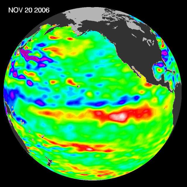 Recent sea-level height data from NASA Jason-1 altimetric satellite show that continuing weaker-than-normal trade winds in the western and central equatorial Pacific have triggered another strong, eastward moving, warm Kelvin wave.