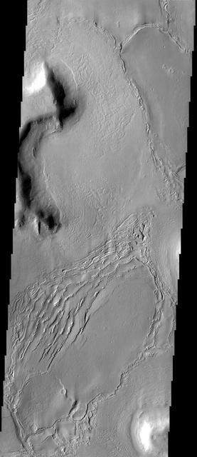 This image shows part of one of the many mesas that comprise Deuteronilus Mensae as well as the surrounding debris slope and plains surface