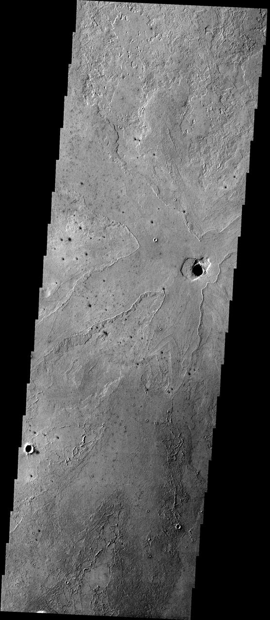 These lava flows surrounding a depression in the plains are located in the Cerberus region of Elysium Planitia