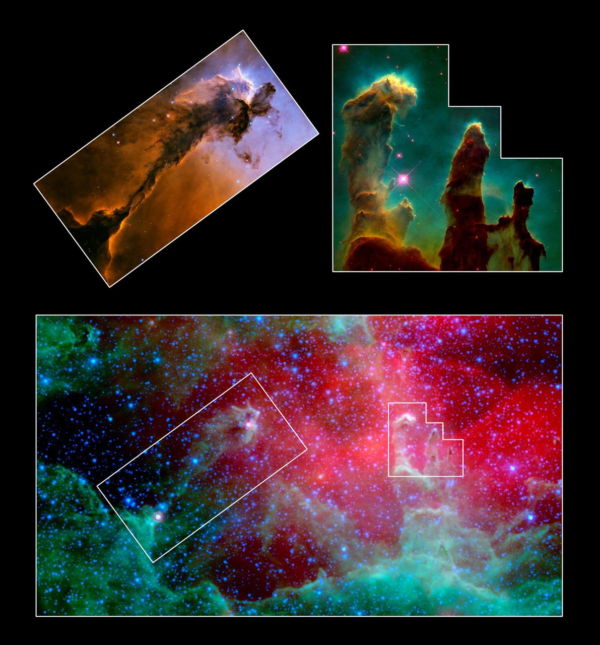 This image composite highlights the pillars of the Eagle nebula, as seen in infrared light by NASA Spitzer Space Telescope bottom and visible light by NASA Hubble Space Telescope top insets.