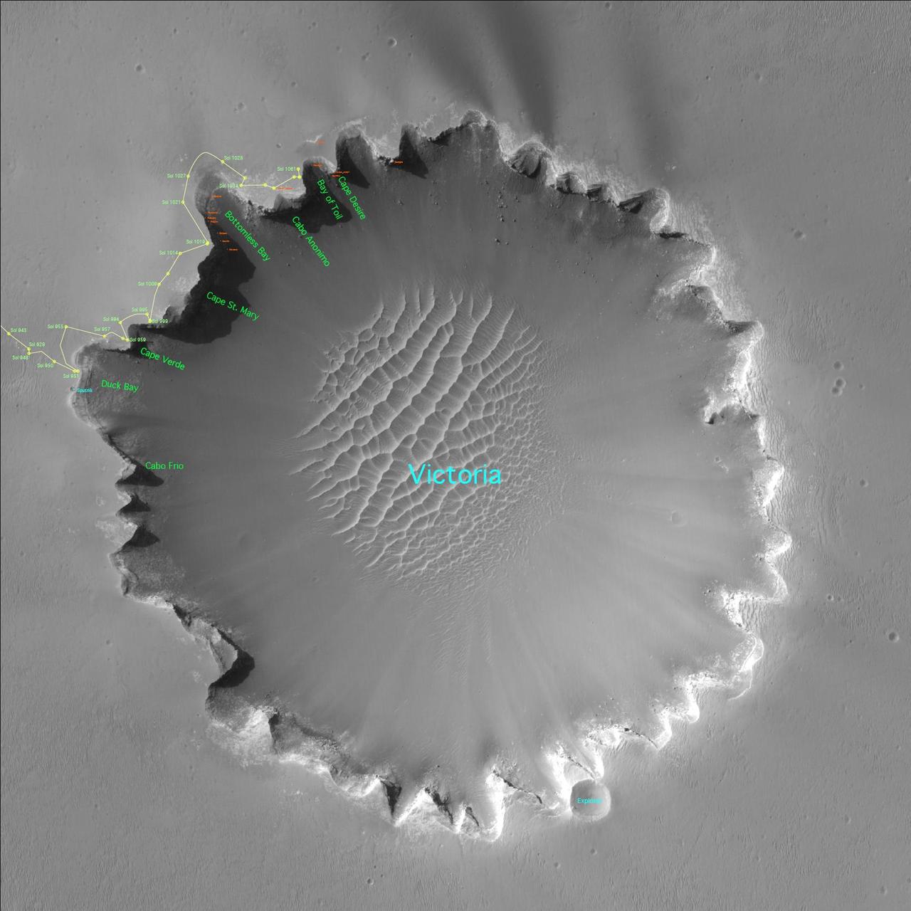 Three years after embarking on a historic exploration of the red planet and six miles away from its landing site, NASA's Mars Exploration Rover Opportunity is traversing "Victoria Crater" ridge by ridge, peering at layered cliffs in the interior. To identify various alcoves and cliffs along the way, science team members are using names of places visited by the 16th-century Earth explorer Ferdinand Magellan and his crew aboard the ship Victoria, who proved the Earth is round. (All names are unofficial unless approved by the International Astronomical Union.) This orbital view of "Victoria Crater" was taken by NASA's Mars Reconnaissance Orbiter. http://photojournal.jpl.nasa.gov/catalog/PIA09116