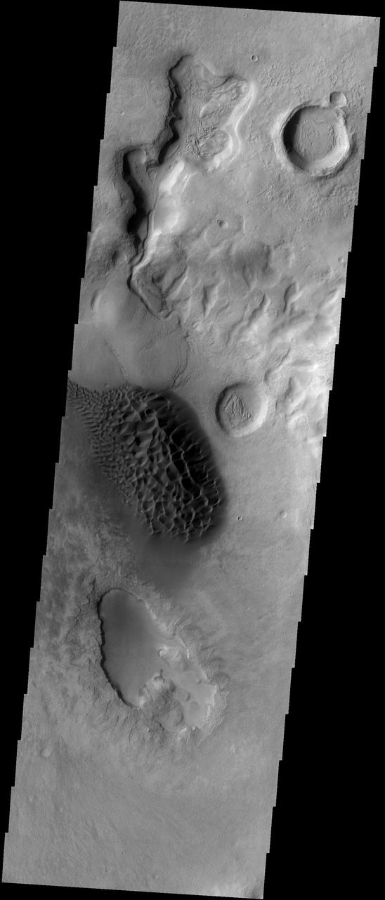 This region of dark sand dunes is located on the floor of an unnamed crater south of Bosporos Planum