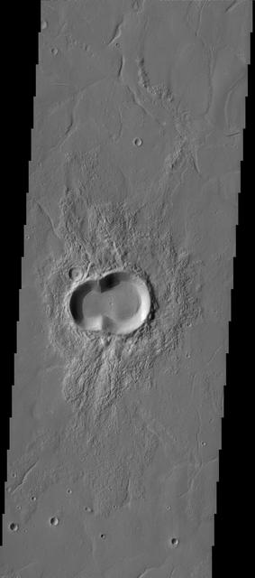 This doublet crater looks like a melting snowman tipped on his side.Warmth is in the air, as the southern hemisphere of Mars enters spring