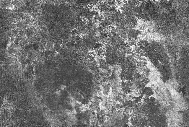 This radar image of Titan shows Ganesa Macula, interpreted as a cryovolcano ice volcano, and its surroundings. Cryovolcanism is thought to have been an important process on Titan and may still be happening today