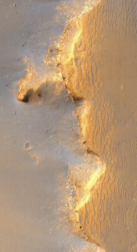 This enhanced-color view of the eastern rim and floor of Victoria