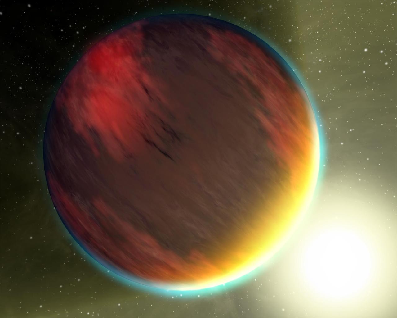 This artist concept, based on spectral observations from NASA Hubble Space Telescope and Spitzer Space Telescope, shows a cloudy Jupiter-like planet that orbits very close to its fiery hot star.