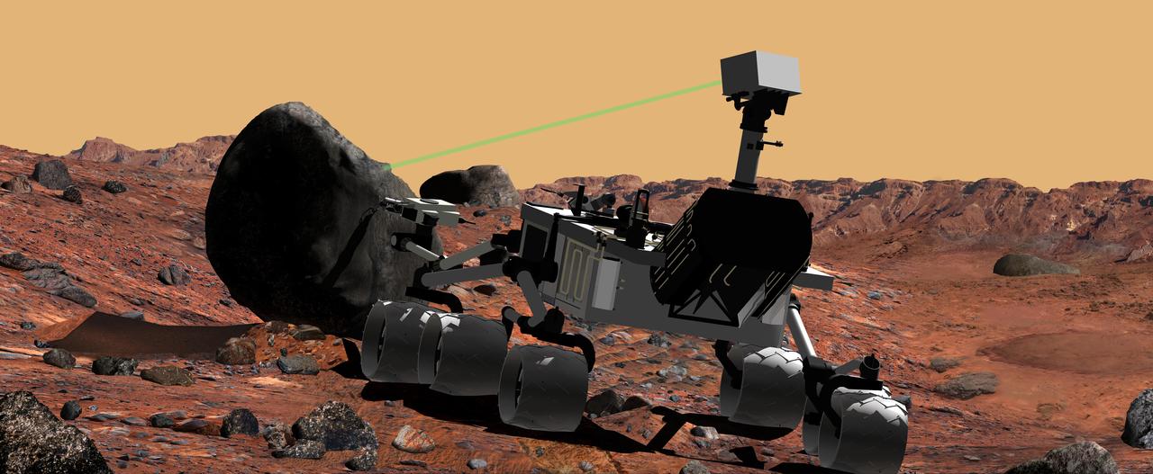 This artist conception of NASA Mars Science Laboratory portrays use of the rover ChemCam instrument to identify the chemical composition of a rock sample on the surface of Mars.