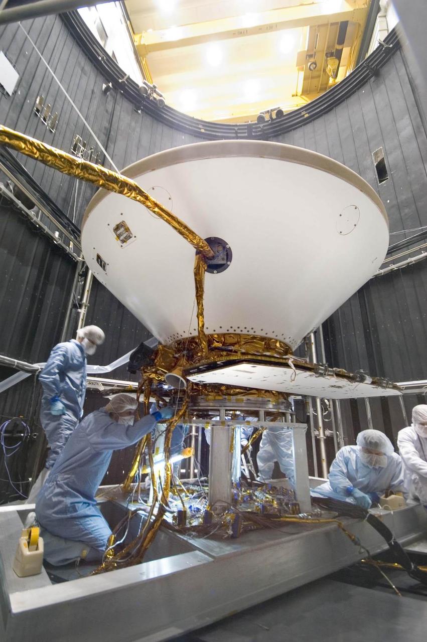 Inside a thermal vacuum at Lockheed Martin Space Systems, Denver, technicians prepared NASA Phoenix Mars Lander for environmental testing