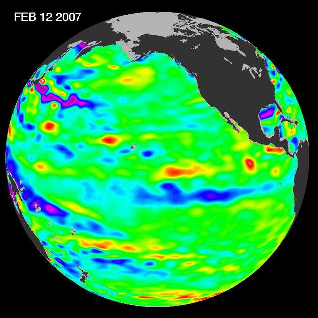 New data of sea-level heights from early February, 2007, by the Jason altimetric satellite show that the tropical Pacific Ocean has transitioned from a warm El Niño to a cool La Niña condition during the prior two months