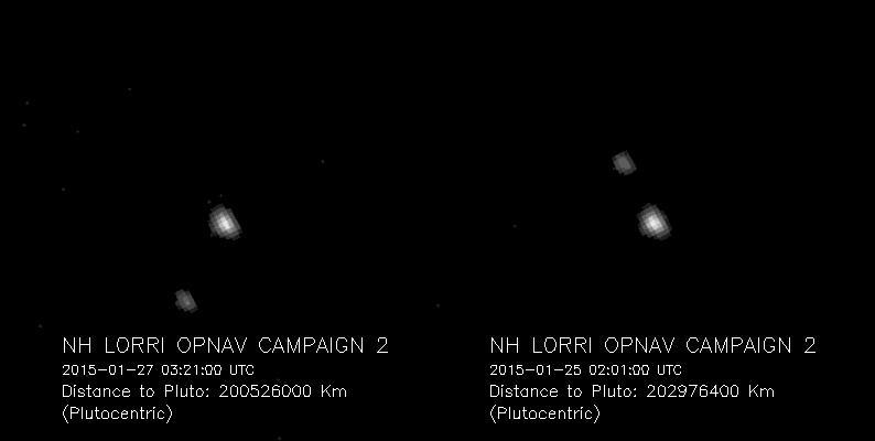 Pluto and Charon, the largest of Pluto five known moons, seen Jan. 25 and 27, 2015, through the telescopic Long-Range Reconnaissance Imager LORRI on NASA New Horizons spacecraft.
