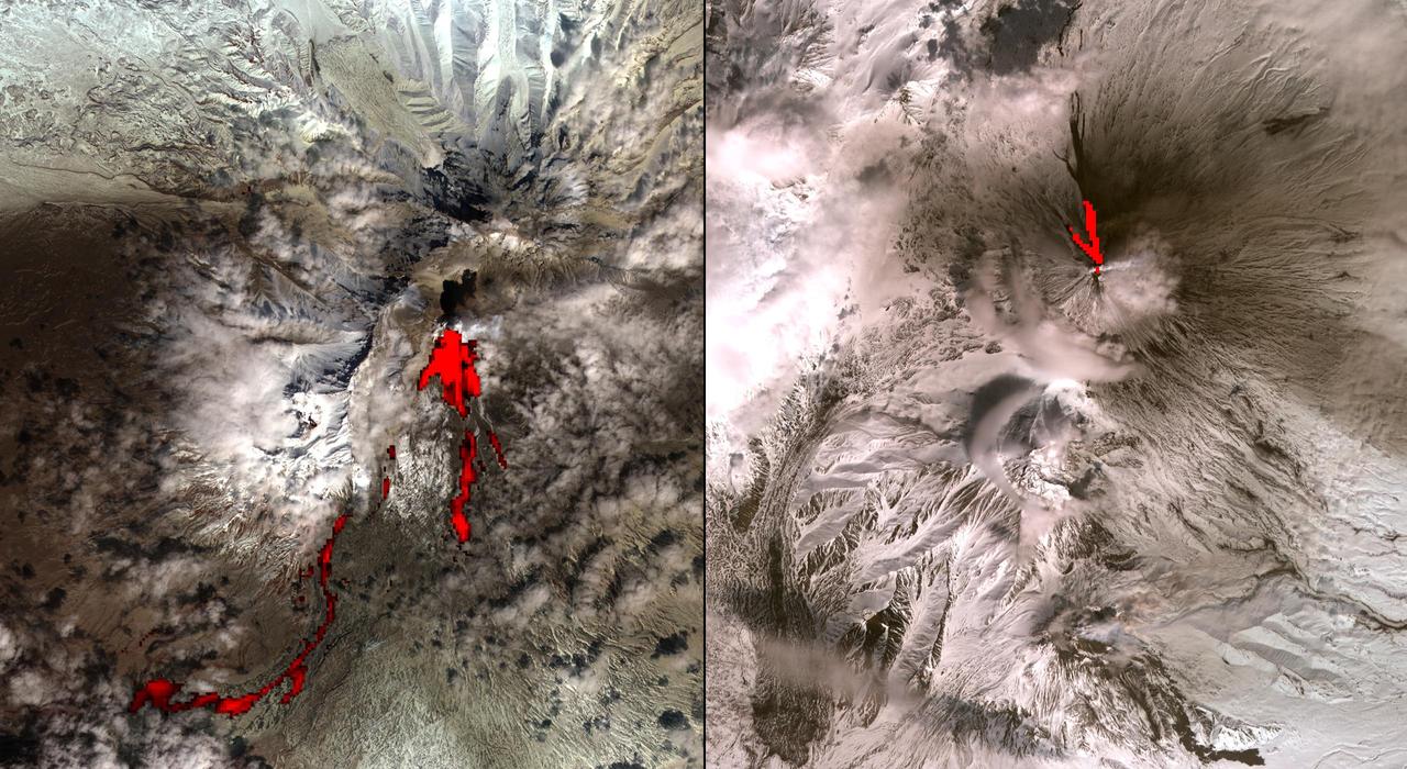 One of the most volcanically active regions of the world is the Kamchatka Peninsula in eastern Siberia, Russia. It is not uncommon for several volcanoes to be erupting at the same time. NASA Terra satellite acquired this image on April 26, 2007