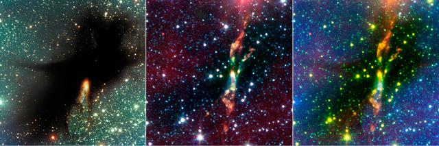 Two rambunctious young stars are destroying their natal dust cloud with powerful jets of radiation, in an infrared image from NASA Spitzer Space Telescope. 