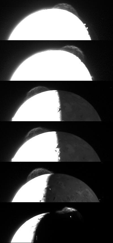 Variations in the appearance of the giant plume from the Tvashtar volcano on Jupiter moon Io are seen in this composite of the best photos taken by the New Horizons Long Range Reconnaissance Imager LORRI during its Jupiter flyby in late February.