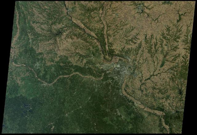St. Louis, Missouri is tucked in a bend of the Mississippi River, just south of the point at which the Illinois River joins the larger Mississippi as seen by NASA Terra spacecraft on October 15, 2005.