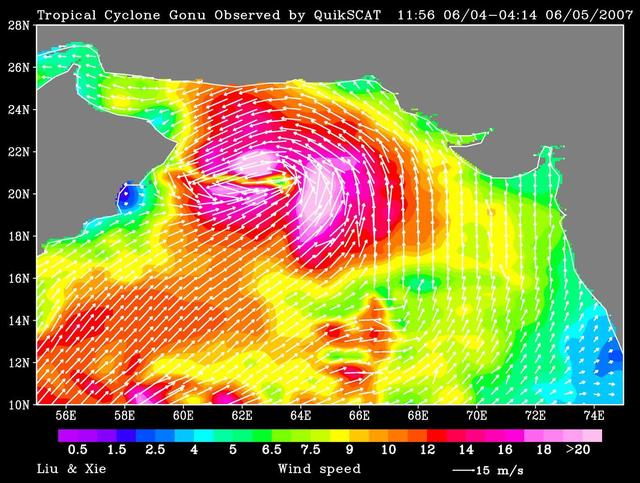 NASA QuikScat observed a rare tropical cyclone in the northern part of the Arabian Sea, threatening the petroleum shipping lanes and the Gulf States e.g. Oman that are unprepared for such an event.